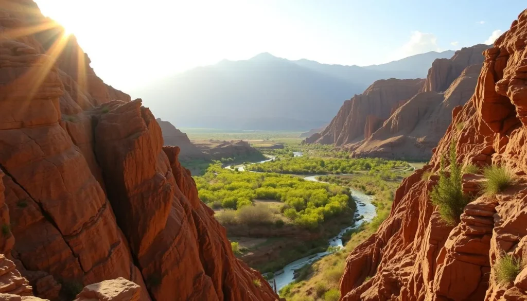 A stunning landscape of the Dana Biosphere Reserve in Jordan, captured under the warm glow of the sun. In the foreground, a rugged canyon with striking rock formations and deep shadows, inviting the viewer to explore its hidden depths. The middle ground features a lush oasis, with vibrant greenery and a tranquil stream winding through. In the background, majestic mountains rise up, their peaks touched by wispy clouds. The scene is bathed in a soft, golden light, creating a serene and awe-inspiring atmosphere. A wide-angle lens captures the grandeur of this natural wonder, showcasing the diverse photographic opportunities this unique biosphere reserve has to offer.