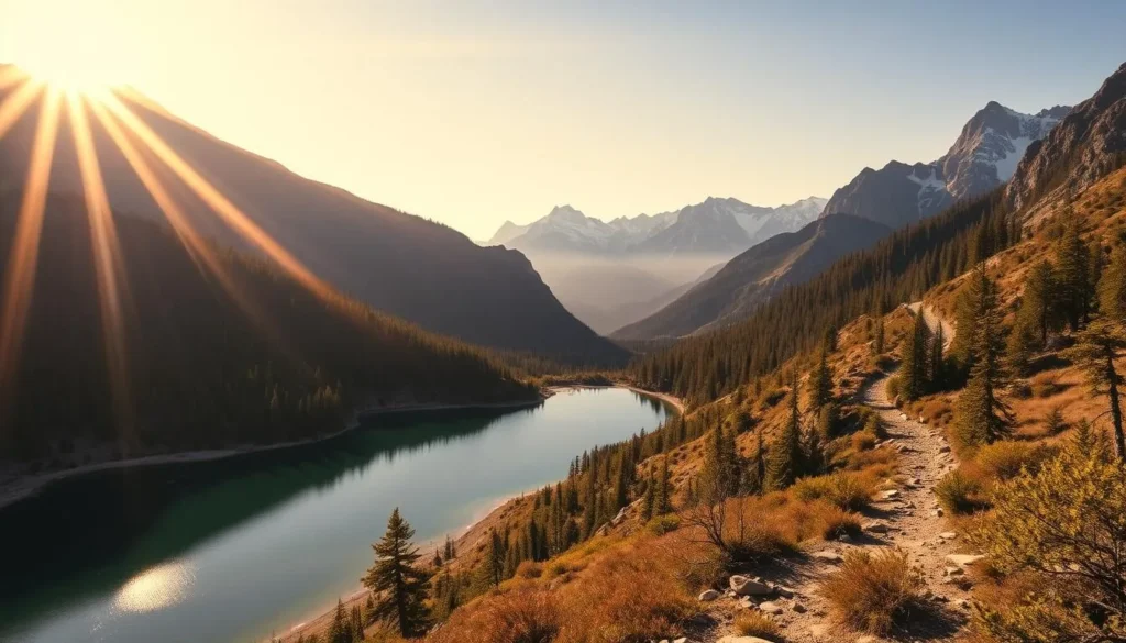 A stunning landscape of the San Gabriel Mountains Watershed, with majestic peaks and serene alpine lakes nestled amidst lush, verdant forests. Capture the sun's golden rays filtering through the canopy, casting a warm glow over the crystal-clear waters. In the foreground, a tranquil lake reflects the towering mountain silhouettes, inviting exploration. The middle ground features a rugged hiking trail winding through the rugged terrain, leading the viewer deeper into this pristine wilderness. In the background, snow-capped summits rise majestically, their jagged outlines cutting against a vibrant, azure sky. Convey a sense of calm, awe-inspiring wonder at the natural beauty of this untamed landscape.
