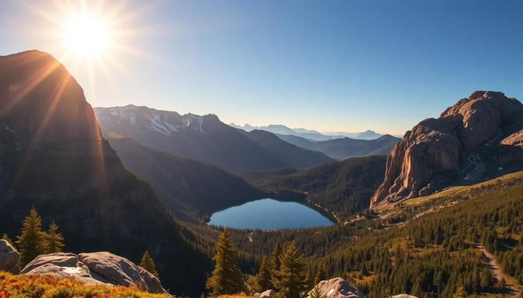 A stunning landscape of the Yolla Bolly-Middle Eel Wilderness in California, captured under a golden afternoon sun. In the foreground, rugged granite peaks jut upwards, their snow-capped summits reflecting the warm light. The middle ground features a serene alpine lake, its glassy surface mirroring the surrounding mountains. Lush, evergreen forests line the distant slopes, creating a picturesque backdrop. The scene exudes a sense of tranquility and natural beauty, inviting the viewer to immerse themselves in the awe-inspiring wilderness. Captured with a wide-angle lens to emphasize the grandeur of the panoramic vista.
