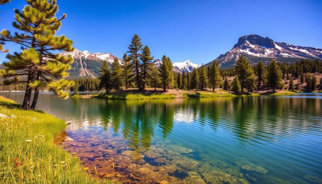 A stunning landscape photography of Goose Lake, California on a bright, sunny day. In the foreground, a crystal-clear lake reflects the surrounding mountains and trees, with a lush, green shoreline dotted with wildflowers. The middle ground features a group of majestic pine trees, their branches swaying gently in the breeze. In the background, snow-capped peaks rise up, bathed in warm, golden light. The scene is captured through a wide-angle lens, creating a sense of depth and grandeur. The overall mood is serene, tranquil, and inviting, perfectly capturing the natural beauty of this picturesque location.