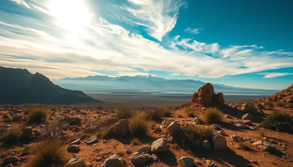 A stunning landscape showcasing the natural beauty of the Horn of Africa. In the foreground, a rugged, sun-drenched terrain with rocky outcroppings and sparse vegetation. In the middle ground, majestic mountains rise into the distance, their peaks capped with snow. The sky is a brilliant azure, with wispy clouds drifting lazily overhead, illuminated by the warm glow of the sun. The atmosphere is one of serene tranquility, inviting the viewer to immerse themselves in the grandeur of this hidden gem of a region. Capture the essence of this captivating corner of the world with a cinematic, wide-angle lens.