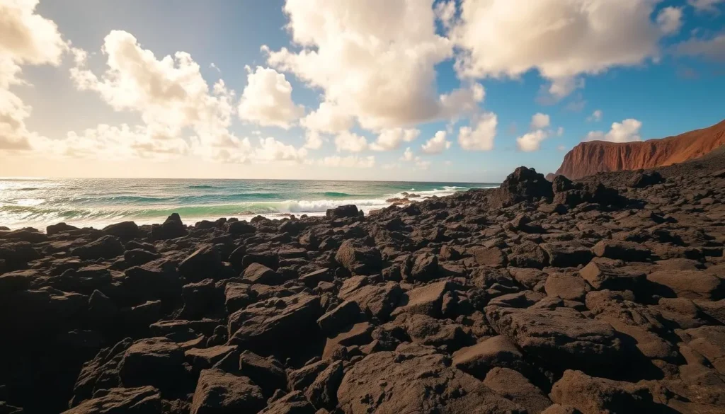 A stunning lava rock beach on the Big Island of Hawaii, bathed in warm, golden sunlight. The foreground is dominated by a rugged expanse of dark, jagged volcanic rocks, their surfaces textured and weathered by the relentless forces of nature. In the middle ground, a gentle surf laps against the shore, creating a soothing, rhythmic soundtrack. Beyond, the horizon stretches out, meeting a brilliant blue sky dotted with fluffy white clouds. The overall scene exudes a sense of tranquility and raw, natural beauty, inviting the viewer to explore and immerse themselves in this captivating Hawaiian landscape.