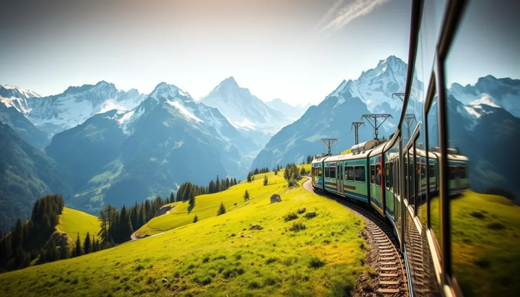 A stunning mountain railway journey through the stunning Swiss Alps, with a sleek modern train traversing the picturesque valley of Lauterbrunnen. Capture the train gracefully winding its way along the tracks, framed by towering snow-capped peaks and lush green meadows. Showcase the train's polished exterior gleaming in the warm sunlight, with passengers gazing out of the large panoramic windows, taking in the breathtaking alpine scenery. Employ a cinematic wide-angle lens to convey the grand scale of the landscape, while maintaining a crisp, detailed focus on the train and its surroundings. Evoke a sense of tranquility and adventure, inviting the viewer to imagine themselves on this awe-inspiring journey to the charming village of Lauterbrunnen.