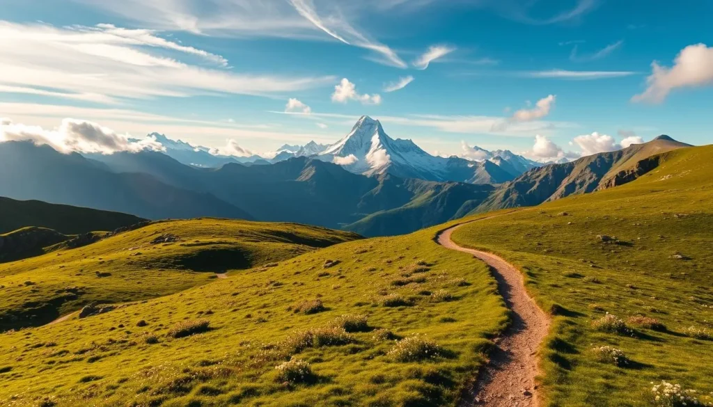 A stunning mountainous landscape, the Tour des Combins unfolds across the grand peaks of the Swiss Alps. In the foreground, a winding trail snakes through verdant meadows dotted with wildflowers, inviting hikers to embark on an epic journey. The middle ground showcases the majestic Grand Combin de Grafeneire, its snow-capped summit piercing the azure sky like a mighty sentinel. Bathed in warm, golden light, the scene exudes a sense of tranquility and adventure, perfectly capturing the essence of this remarkable alpine trek. Wispy clouds drift overhead, adding depth and drama to the composition. The image conveys the grandeur and beauty of this stunning natural wonder, enticing viewers to experience the splendor of the Tour des Combins firsthand.