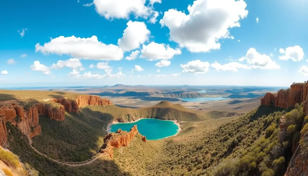 A stunning panoramic view of Cape Range National Park in Western Australia, captured under a clear blue sky with fluffy white clouds. In the foreground, rugged limestone cliffs and canyons carved by time, their rich ochre hues contrasting with the lush green vegetation clinging to the slopes. In the middle ground, a tranquil turquoise lagoon reflects the surrounding landscape, inviting visitors to explore its pristine waters. Beyond, the rolling hills of the national park stretch out, leading the eye to the distant horizon. The scene is bathed in warm, golden light, conveying a sense of serenity and natural wonder. Capture this picturesque landscape through a wide-angle lens, showcasing the breathtaking scale and beauty of Cape Range National Park.