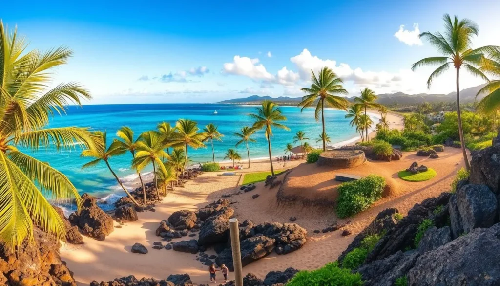 A stunning panoramic view of Ho'okipa Beach on the northern coast of Maui, Hawaii. The crystalline turquoise waters of the Pacific Ocean stretch out to the horizon, framed by lush, verdant palm trees swaying gently in the warm tropical breeze. In the foreground, a picturesque beach with soft, golden sand and dramatic rock formations, inviting visitors to stroll, sunbathe, or catch a glimpse of the world-class windsurfing and kiteboarding taking place offshore. The mid-ground showcases the iconic Ho'okipa Beach Park, with its scenic lookout point and shaded picnic areas, providing the perfect vantage point to witness the breathtaking natural beauty of this Hawaiian paradise. The background features the lush, rolling hills of Maui's interior, bathed in the warm, golden light of a sun-dappled afternoon.
