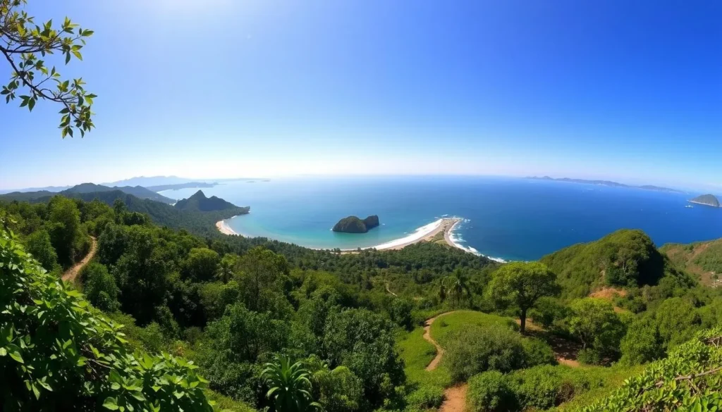 A stunning panoramic view of Kep National Park, Cambodia, captured on a bright, clear day. In the foreground, lush, verdant foliage and winding trails invite exploration. The middle ground reveals a picturesque coastline, with rocky cliffs and azure waters lapping at the shore. In the background, rolling hills and distant mountains rise up, their peaks bathed in warm, golden sunlight. The scene exudes a sense of tranquility and natural beauty, inviting the viewer to immerse themselves in the serene, unspoiled landscape.
