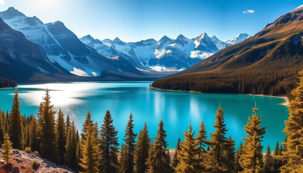 A stunning, panoramic view of Lake McDonald, nestled amidst the majestic peaks of Glacier National Park. Shimmering turquoise waters reflect the rugged, snow-capped mountains surrounding the lake, creating a serene and breathtaking landscape. Evergreen forests line the shoreline, their verdant hues contrasting with the crystal-clear waters. A warm, golden light bathes the scene, casting a soft, glowing atmosphere. The composition emphasizes the grandeur of the natural setting, with the lake as the focal point, surrounded by the towering mountain ranges. This idyllic scene captures the essence of Lake McDonald's seasonal beauty and splendor.