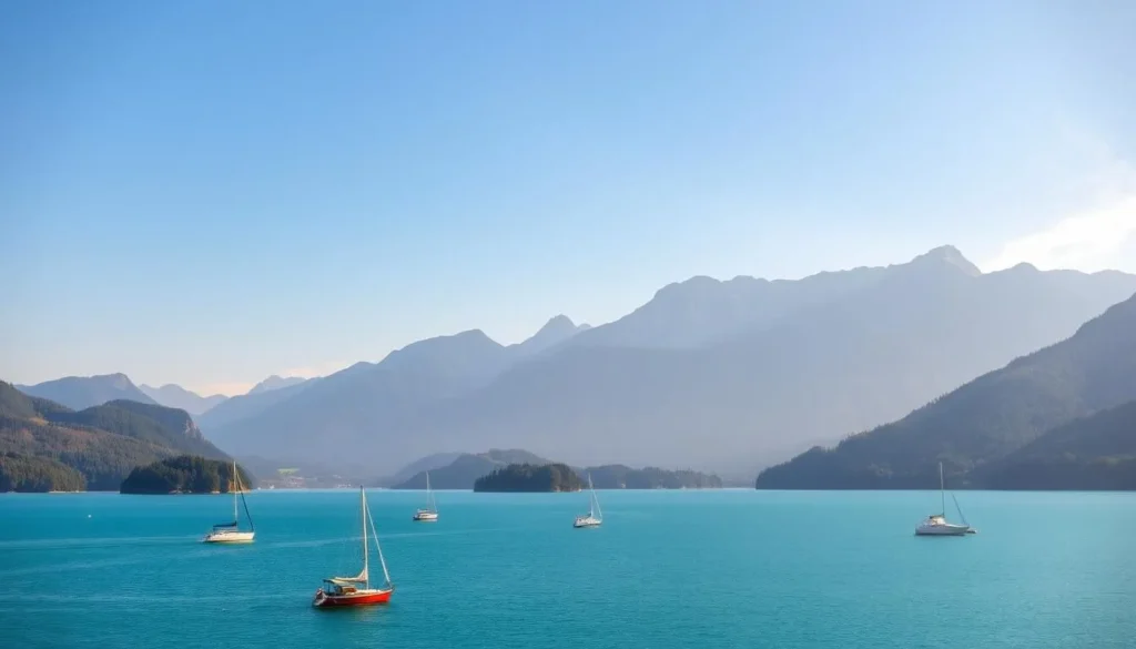 A stunning panoramic view of Lake Zug, nestled amidst the rolling hills and lush forests of central Switzerland. The lake's crystal-clear turquoise waters reflect the majestic peaks of the Rigi and Pilatus mountain ranges in the distance. In the foreground, sailboats and small fishing boats dot the surface, gently rocked by a soft breeze. The scene is bathed in warm, golden sunlight, casting a serene and peaceful atmosphere over the entire landscape. Capture the tranquility and natural beauty of this picturesque Swiss destination.