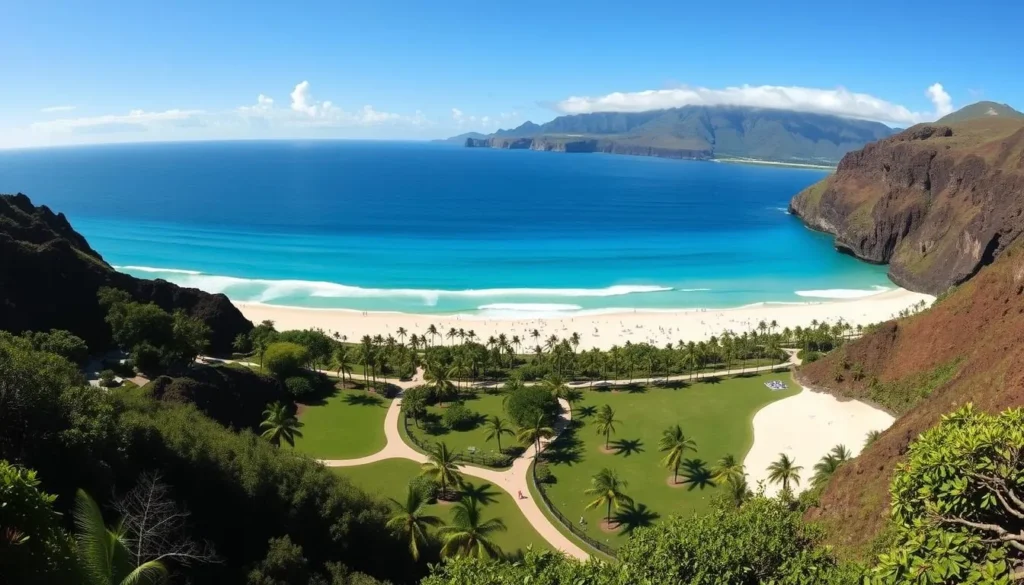 A stunning panoramic view of Makapuu Beach Park on the eastern coast of Oahu, Hawaii. The crystal-clear turquoise waters of the Pacific Ocean stretch out to the horizon, framed by dramatic volcanic cliffs and lush, verdant foliage. In the foreground, a picturesque white sand beach dotted with sun-seekers and beachgoers enjoying the warm, tropical sun. The middle ground features a well-maintained park with swaying palm trees and hiking trails leading to scenic overlooks. The background showcases the majestic Koolau mountain range, its peaks bathed in soft, diffused lighting. The overall scene exudes a serene, postcard-perfect atmosphere, inviting visitors to immerse themselves in the natural beauty of this stunning Hawaiian destination.