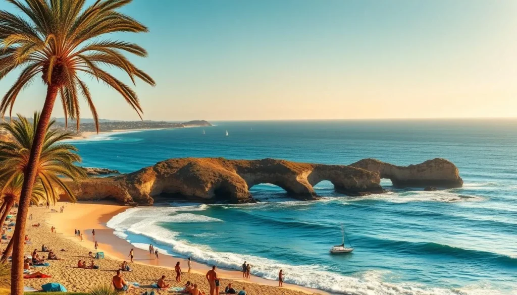 A stunning panoramic view of Perth's breathtaking coastline, where azure waves crash against pristine golden sands. In the foreground, sun-kissed beachgoers bask in the warm glow, their silhouettes framed by swaying palm trees. The middle ground features picturesque coastal cliffs, their rugged formations sculpted by the elements. In the distance, the horizon is dotted with sailboats and yachts, their sails billowing in the gentle sea breeze. The scene is bathed in a warm, golden light, creating a serene and inviting atmosphere that captures the essence of Perth's idyllic beach lifestyle.