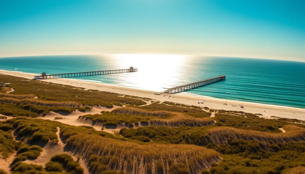 A stunning panoramic view of Topsail Island's pristine coastline, bathed in warm golden light. In the foreground, a picturesque stretch of sandy beach dotted with colorful beach umbrellas and sunbathers. The middle ground features gently rolling dunes covered in lush sea oats, swaying in a gentle ocean breeze. In the distance, the glistening azure waters of the Atlantic Ocean stretch out to the horizon, with the iconic Topsail Island Pier jutting out into the waves. Overhead, a cloudless sky in shades of azure and ivory, creating a serene and tranquil atmosphere. Capture the essence of Topsail Island's natural beauty and the inviting charm of this beloved North Carolina destination.