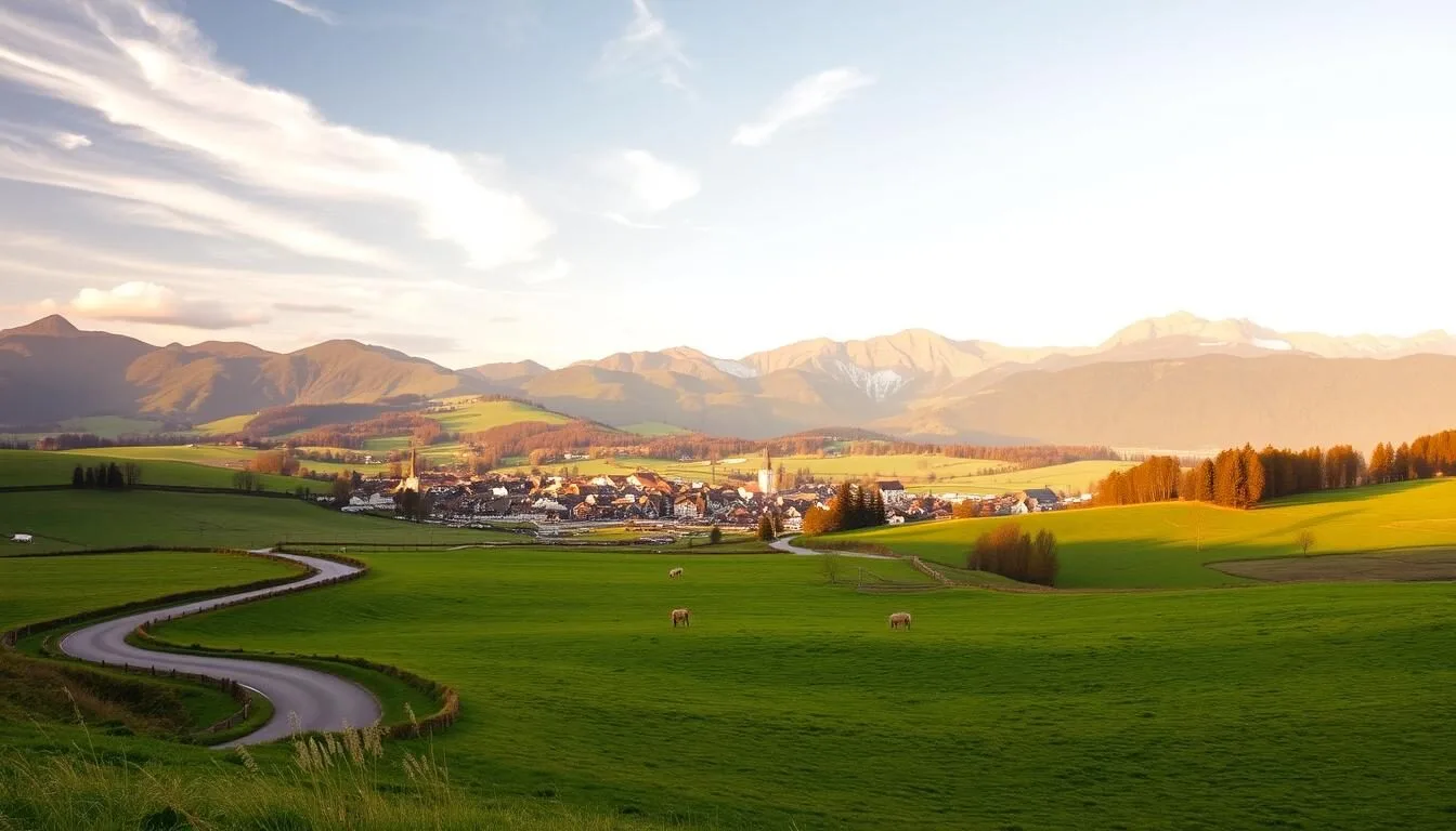 A stunning panoramic view of the Jura region in Switzerland, showcasing its rolling hills, lush meadows, and picturesque villages. In the foreground, a winding road leads through a patchwork of verdant fields, dotted with grazing livestock. The middle ground features a quaint village with charming chalets and church steeples, surrounded by the gentle slopes of the Jura mountains. In the background, the peaks rise majestically, their rugged outlines bathed in warm, golden sunlight filtering through wispy clouds. The scene exudes a sense of tranquility and natural beauty, capturing the essence of the Jura region's best things to do and top picks for visitors.