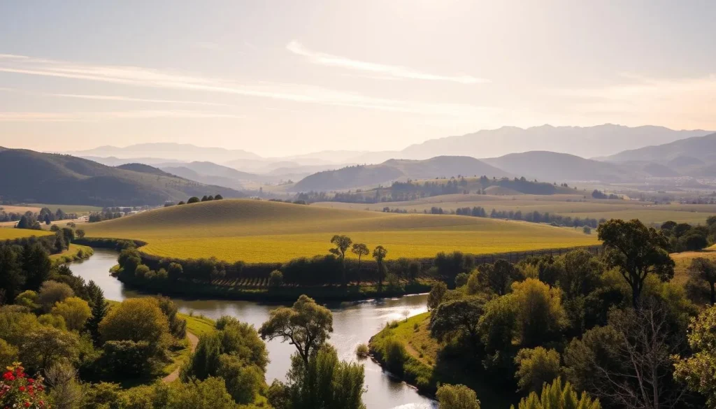 A stunning panoramic view of the Napa River Valley on a bright, sunny day. In the foreground, the gently flowing Napa River winds through the lush, verdant landscape, its banks dotted with towering oak trees and vibrant wildflowers. The middle ground features rolling hills covered in a patchwork of vineyards, their rows of vines casting long shadows across the scene. In the distance, the majestic Mayacamas Mountains rise up, their peaks capped with a dusting of snow, creating a breathtaking backdrop. The warm, golden light filters through wispy clouds, casting a soft, ethereal glow over the entire panorama. The overall atmosphere is one of tranquility, natural beauty, and the essence of California's renowned wine country.
