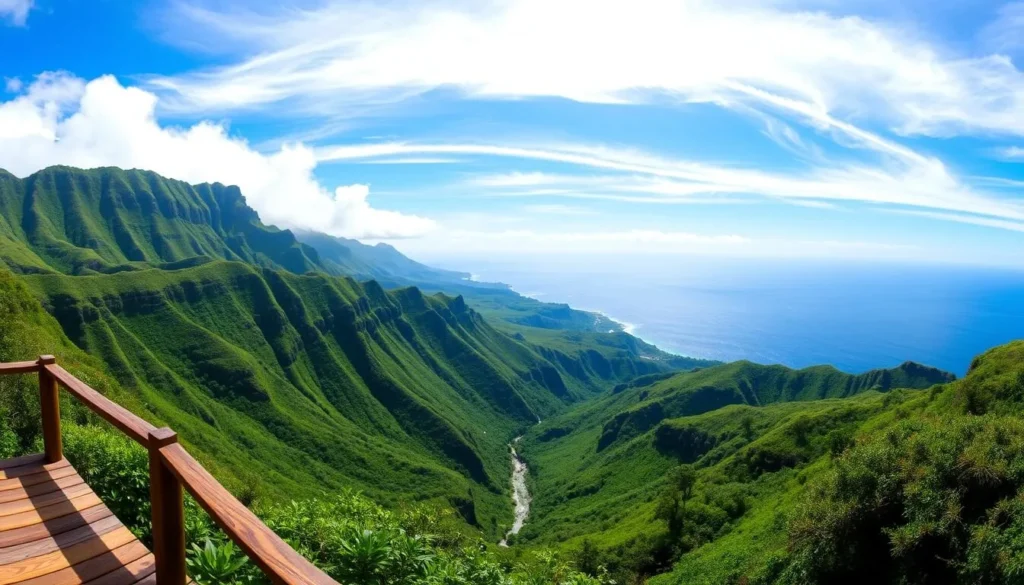 A stunning panoramic view of the Pololū Valley Lookout on the lush, verdant Big Island of Hawaii. In the foreground, a wooden observation deck with carved handrails overlooks the dramatic coastal cliffs and deep valley below. The middle ground reveals the winding Pololū Stream cutting through the vibrant green foliage, leading the eye towards the distant ocean horizon. Wispy clouds drift across a bright, azure sky, casting soft, diffused lighting over the breathtaking natural scenery. The overall atmosphere evokes a sense of tranquility, wonder, and the raw, untamed beauty of this remote Hawaiian landscape.
