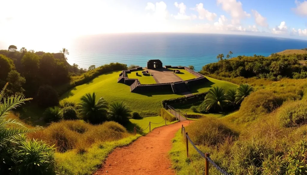 A stunning panoramic view of the Pu'ukohola Heiau National Historic Site on the Big Island of Hawaii. A magnificent stone temple structure sits atop a grassy hillside, surrounded by lush tropical foliage and framed by the azure Pacific Ocean in the background. Warm sunlight casts a golden glow across the scene, highlighting the intricate stonework and the natural beauty of the landscape. In the foreground, a winding path leads visitors towards the ancient site, inviting exploration and a deeper connection with the island's rich cultural heritage. The atmosphere is serene and contemplative, evoking a sense of reverence and wonder.
