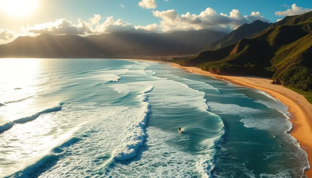 A stunning panoramic view of the legendary North Shore of Oahu, Hawaii. A golden sun illuminates the azure waves lapping against the pristine white-sand beaches, framed by lush emerald-green foliage and majestic mountains in the distance. Surfers glide effortlessly through the barreling waves, while beachgoers relax under the warm tropical breeze. The scene exudes a serene, laid-back island ambiance, inviting viewers to immerse themselves in the beauty and tranquility of this iconic Hawaiian destination.