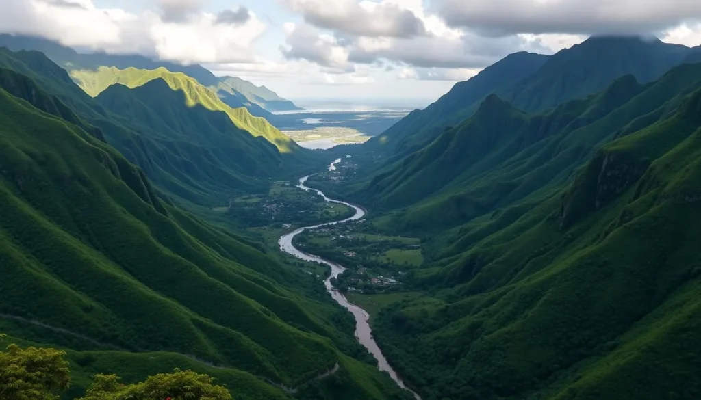 A stunning panoramic view of the lush, verdant valleys of Ua Pou Island, French Polynesia. Towering emerald peaks frame the scene, their slopes blanketed in dense, tropical foliage. Winding rivers and streams meander through the valley floors, their waters reflecting the warm, golden light of the sun. In the distance, small villages and settlements nestle amidst the verdant landscape, hinting at the island's rich cultural heritage. The overall atmosphere is one of serene tranquility, inviting the viewer to immerse themselves in the natural beauty of this remote Pacific paradise.