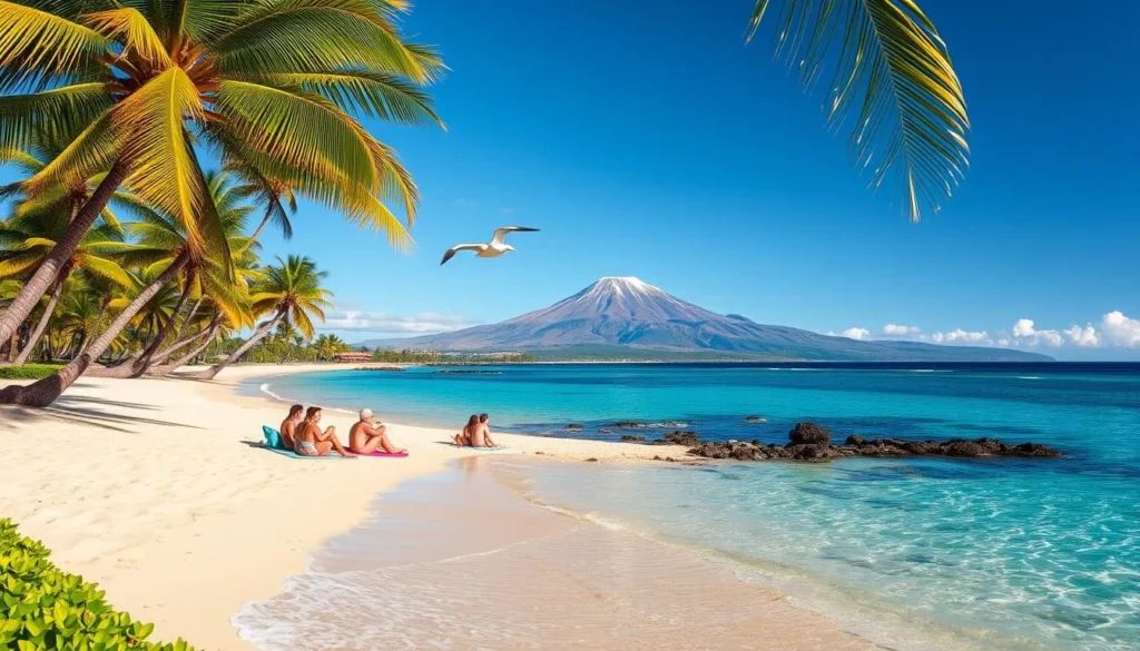A stunning sandy beach with crystal-clear azure waters lapping gently against the shore. In the distance, the majestic Mauna Kea volcano rises majestically, its snow-capped peak reflecting the warm glow of the sun. Coconut palms sway in the gentle breeze, casting intricate patterns of light and shadow across the idyllic scene. Beachgoers relax on plush towels, soaking up the tropical ambiance as they gaze out over the tranquil expanse of the Pacific Ocean. Vibrant green foliage lines the edges of the beach, completing the picture of a true Hawaiian paradise.