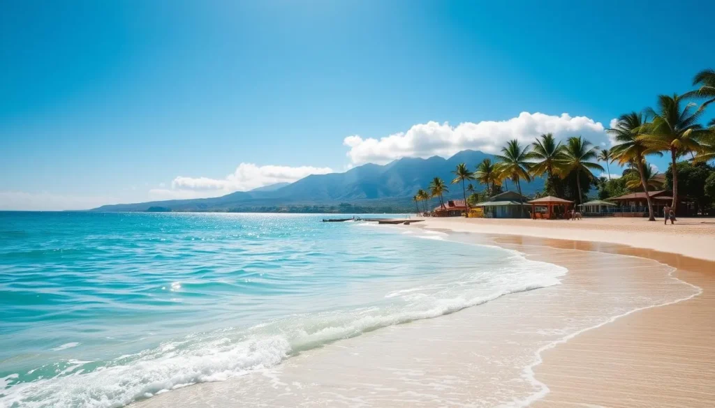 A stunning seascape of Keawakapu Beach, Maui, Hawaii. The sun shines brightly, casting a warm glow over the pristine white sand and crystal-clear turquoise waters. In the foreground, gently lapping waves caress the shore, inviting beachgoers to dip their toes. The middle ground features a picturesque palm-fringed promenade, lined with swaying coconut trees and beach facilities, including shaded pavilions and restrooms. In the distance, the iconic volcanic peaks of Haleakala National Park rise majestically, creating a breathtaking backdrop. The scene exudes a sense of tranquility and paradise, perfectly capturing the essence of this idyllic Hawaiian beach destination.