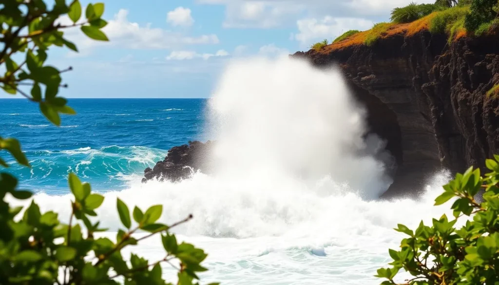 A stunning seascape of the Spouting Horn blow hole in Kauai, Hawaii on a bright, sunny day. The powerful waves crash against the rugged, volcanic coastline, sending plumes of water shooting up through a natural lava rock formation. Vibrant greens of the lush, tropical foliage frame the dramatic scene. The warm, golden sunlight illuminates the spray, creating a captivating, ethereal display. Capture the tranquil, serene atmosphere and the awe-inspiring natural wonder of this iconic Hawaiian landmark.
