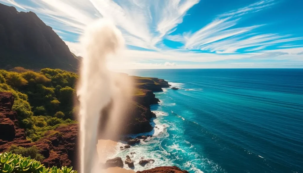 A stunning seaside landscape of Spouting Horn, Kauai, Hawaii. In the foreground, the iconic blowhole erupts in a dramatic display of water plumes, captured mid-spout against a backdrop of rugged volcanic cliffs. The middle ground features lush, verdant foliage cascading down the coastline, while the distant horizon is framed by a vibrant azure sky dotted with wispy clouds. Warm, golden sunlight bathes the entire scene, creating a serene and picturesque atmosphere. Captured with a wide-angle lens, this image showcases the breathtaking natural beauty and captivating geological wonder of this renowned Hawaiian landmark.