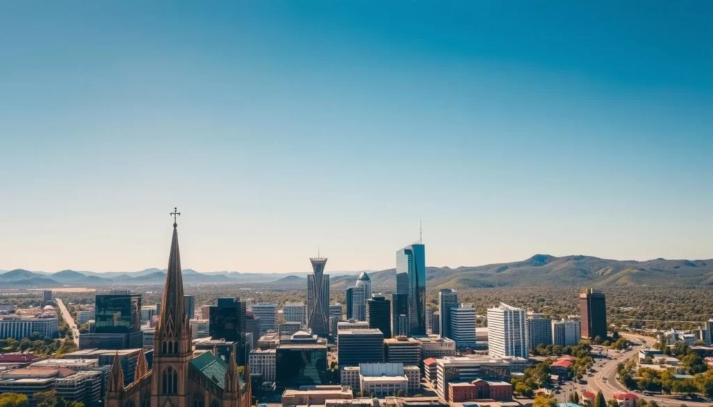 A stunning skyline of Adelaide, Australia, under a clear, azure sky. In the foreground, the iconic spires of St. Peter's Cathedral pierce the horizon, surrounded by the bustling streets of the city center. In the middle ground, the towering glass facades of modern skyscrapers and office buildings reflect the warm, golden sunlight. In the distance, the gentle rolling hills of the Adelaide Hills provide a picturesque backdrop, blanketed in lush, verdant foliage. Capture the vibrant energy and progressive atmosphere of this thriving, cosmopolitan city through a cinematic, wide-angle lens.