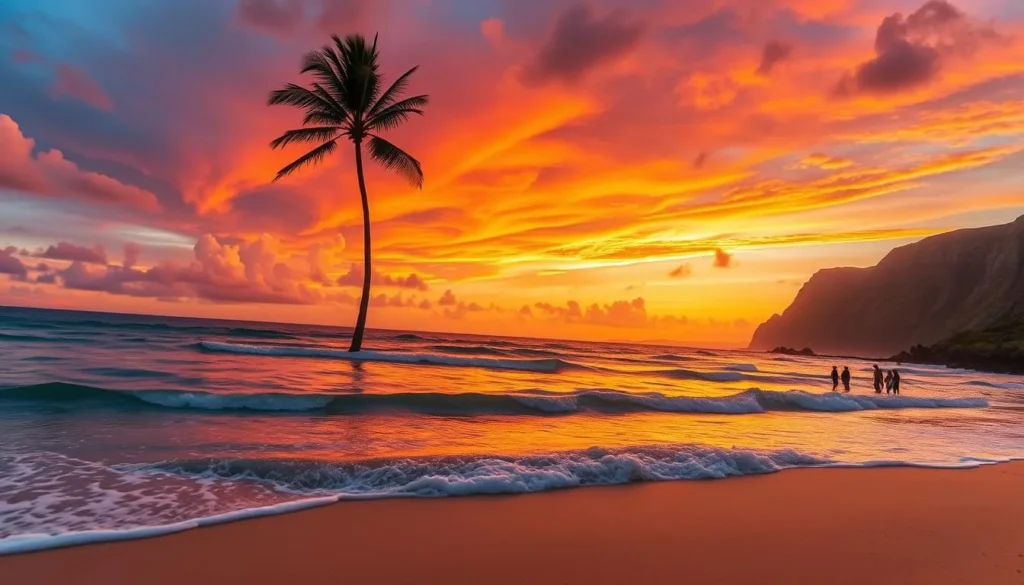 A stunning sunset over the serene shores of Sunset Beach, Oahu. In the foreground, the soft golden sands shimmer as gentle waves caress the coastline. Vibrant hues of orange, pink, and lavender paint the sky, reflecting off the crystal-clear waters. Silhouetted palm trees sway gently in the warm, tropical breeze, adding to the tranquil atmosphere. The middle ground features a group of beachgoers enjoying the last moments of the day, their figures backlit by the glowing sun. In the distance, the iconic North Shore cliffs rise majestically, their rugged beauty contrasting with the serene scene. The lighting is warm and inviting, captured with a wide-angle lens to showcase the expansive, picturesque landscape.
