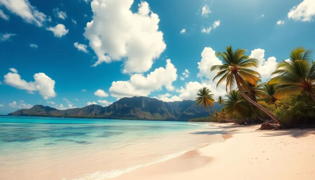 A stunning tropical beach on the idyllic island of Kauai, Hawaii. Pristine white sand stretches out under a brilliant azure sky, dotted with fluffy white clouds. Crystal clear turquoise waters lap gently against the shore, inviting swimmers and snorkelers to explore the vibrant coral reefs. Lush, verdant palm trees sway in the gentle breeze, framing the serene scene. The warm, golden sunlight illuminates the landscape, creating a sense of peaceful tranquility. In the distance, verdant mountains rise up, completing the perfect natural paradise. This is the essence of Kauai's beach dream.