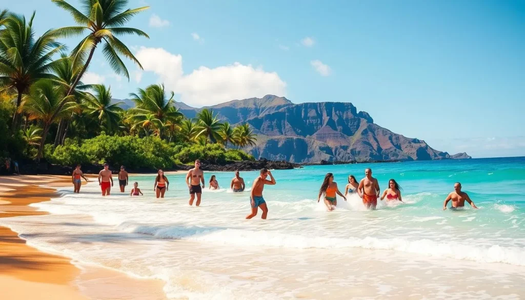 A stunning tropical beach scene at Kikaua Point Park on the Big Island of Hawaii. In the foreground, crystal-clear turquoise waters lap gently against the soft, golden sand. Beachgoers in colorful swimwear frolic in the inviting waves, their laughter and joy captured by the warm, golden sunlight. In the middle ground, swaying palm trees provide a lush, verdant backdrop, their fronds casting dappled shadows across the scene. The distant horizon is adorned with rugged, volcanic cliffs, their dramatic silhouettes hinting at the island's raw, natural beauty. The overall atmosphere is one of tranquility, relaxation, and the pure, unbridled enjoyment of a perfect beach day.