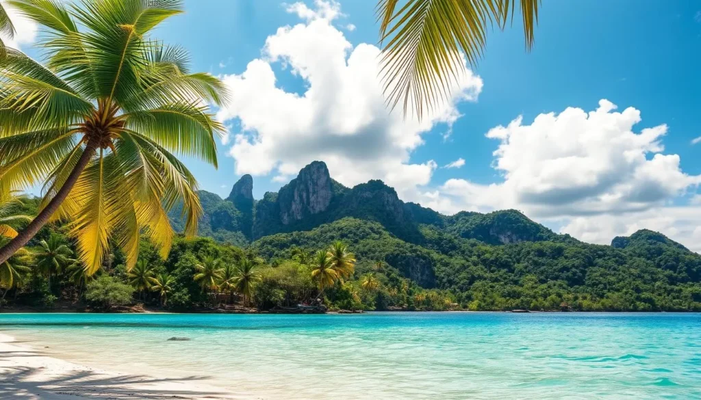 A stunning tropical landscape showcasing the natural beauty of Phú Quốc Island, Vietnam. In the foreground, a pristine white sand beach gently caressed by crystal-clear turquoise waters. Lush, verdant palm trees sway in the warm ocean breeze, creating a serene and inviting atmosphere. In the middle ground, rugged limestone cliffs rise majestically, their jagged peaks silhouetted against a brilliant azure sky. The background is dominated by a panoramic view of the island's densely forested interior, its verdant hues contrasting with the sparkling azure of the surrounding sea. Dappled sunlight filters through the clouds, casting a warm, golden glow over the entire scene, accentuating the island's captivating tropical charm.