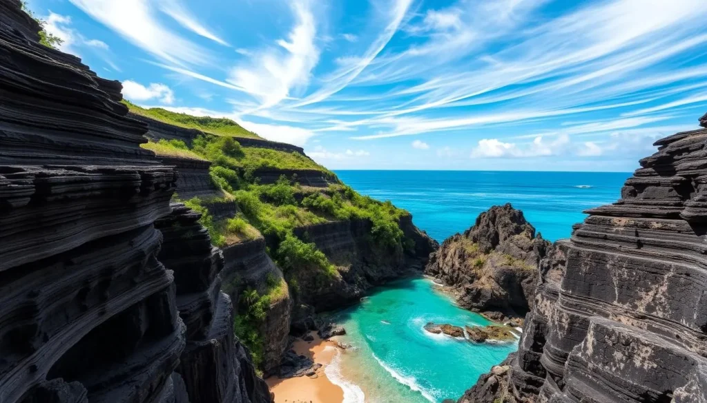 A stunning view of Halona Beach Cove on Oahu's eastern shore. The sun-dappled cove is framed by rugged volcanic cliffs, their layers of black and gray rock sculpted by the elements. Pristine turquoise waters lap gently against the golden sand beach, inviting visitors to explore this peaceful oasis. In the middle ground, lush green foliage cascades down the steep slopes, creating a natural contrast with the dramatic rock formations. The sky above is a brilliant azure, with wispy white clouds drifting lazily overhead, illuminating the scene with a soft, natural light. The overall composition conveys a sense of tranquility and beauty, perfectly capturing the essence of this stunning Hawaiian locale.