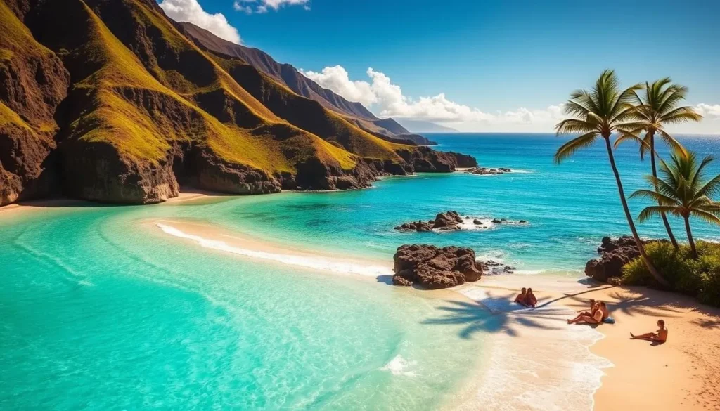 A stunning view of Kapalua Bay Beach, Maui, Hawaii. The crystal-clear turquoise waters gently lap against the pristine white sand, framed by lush, verdant cliffs and swaying palm trees. Warm sunlight casts a golden glow over the scene, creating a serene and inviting atmosphere. In the foreground, a few beachgoers soak up the sun, while in the distance, the bay opens up to reveal the vast Pacific Ocean. Capture the tranquility and natural beauty of this award-winning tropical paradise.