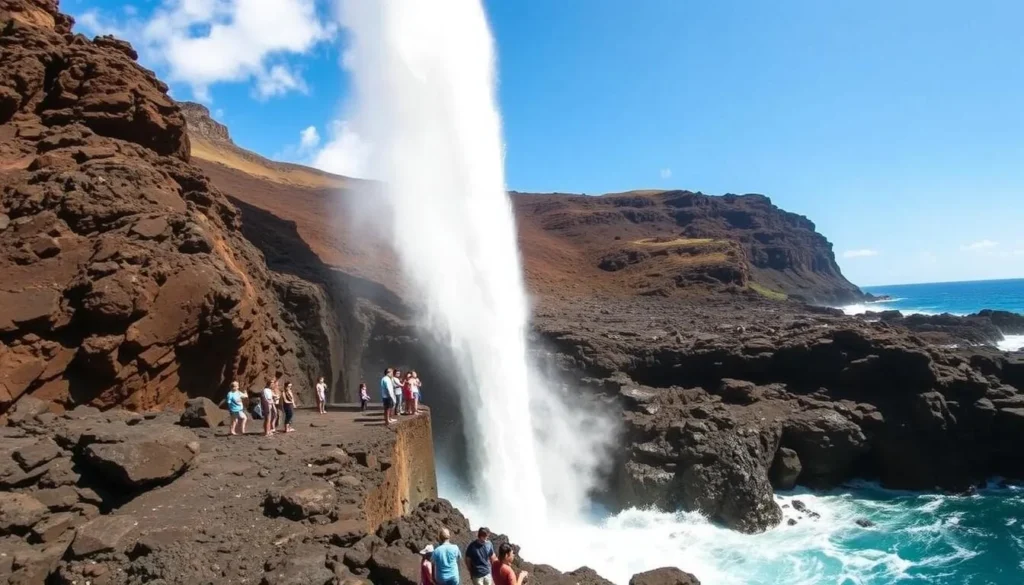A stunning view of the Nakalele Blowhole in Maui, Hawaii, showcasing its powerful natural beauty and the importance of visitor safety. Capture the dramatic scene of the blowhole spewing water high into the air, surrounded by rugged volcanic cliffs and a clear blue sky. Emphasize the precarious nature of the location, with visitors carefully observing from a safe distance, respecting the power of this natural wonder. Use a wide-angle lens to create a sense of scale, and natural lighting to highlight the vivid colors and textures of the environment. Convey a mood of awe and respect for the Nakalele Blowhole, while underscoring the need for caution and responsible exploration.