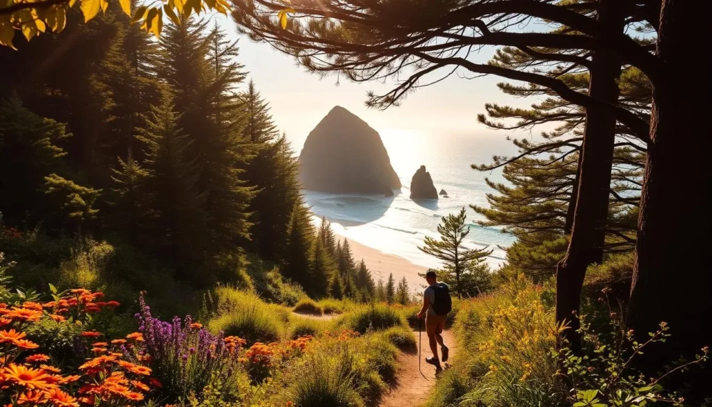A stunning vista of Cannon Beach, Oregon, with the iconic Haystack Rock towering in the distance. Hikers traverse a winding trail, framed by lush evergreen forests and vibrant wildflowers. Warm sunlight filters through the canopy, casting a golden glow on the scene. The Pacific Ocean sparkles in the background, its waves gently lapping against the rugged coastline. The mood is serene and inviting, capturing the essence of an outdoor adventure near this picturesque coastal town.