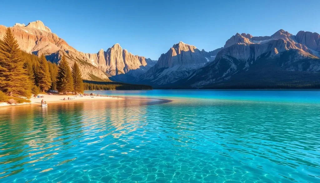 A stunning vista of Convict Lake, nestled amidst the majestic Sierra Nevada mountains. In the foreground, crystal-clear turquoise waters invite swimmers to dive in, their reflections rippling across the surface. The middle ground features a sandy beach dotted with sun-seekers, while the background is dominated by towering granite peaks, bathed in warm golden light. A tranquil atmosphere pervades the scene, with a gentle breeze rustling the pine trees that line the shore. Capture the essence of a perfect summer day at this picturesque alpine lake.