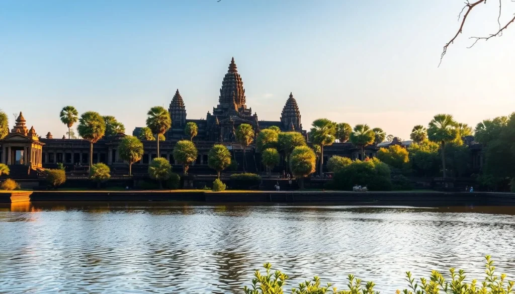 A stunning vista of Siem Reap's iconic Angkor Wat temple complex, captured on a beautiful, sun-dappled day. In the foreground, ancient stone structures rise majestically, their intricate carvings and ornate facades bathed in warm, golden light. The middle ground showcases the temple's expansive moat, its glassy surface reflecting the towering spires above. In the distance, lush, verdant trees and vegetation frame the scene, creating a serene and picturesque backdrop. The overall atmosphere conveys a sense of timeless wonder and historical grandeur, inviting the viewer to explore the rich cultural heritage of this remarkable region.