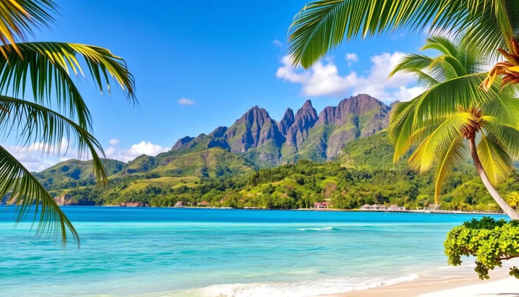 A stunning vista of Tahiti Island in French Polynesia, captured on a picturesque day. In the foreground, crystal-clear turquoise waters lap against a pristine white-sand beach, framed by swaying palm trees. The middle ground features lush, verdant hills dotted with vibrant tropical foliage and traditional Polynesian dwellings. In the background, majestic volcanic peaks rise majestically, their rugged silhouettes bathed in warm, golden light. The scene exudes a serene, tranquil atmosphere, inviting the viewer to immerse themselves in the paradise of Tahiti Island.