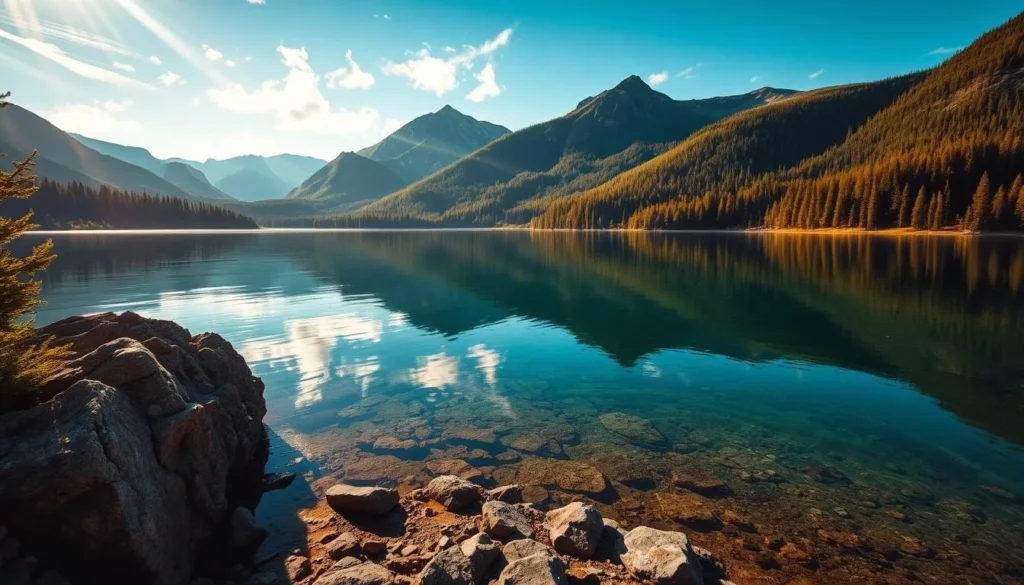 A stunning vista of the Cascade Mountains, their majestic peaks reflected in the serene waters of a pristine alpine lake. Lush, verdant forests line the shores, casting soft, dappled shadows on the crystal-clear surface. Warm, golden sunlight filters through wispy clouds, illuminating the tranquil scene. In the foreground, a rocky shoreline juts out into the lake, inviting visitors to explore the area's natural beauty. The overall atmosphere is one of peaceful solitude, where the beauty of the Pacific Northwest can be fully appreciated.