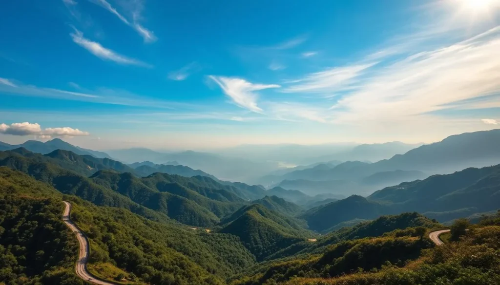 A stunning vista of the Hà Giang landscape, showcasing the dramatic, rolling hills and valleys of this captivating region in northern Vietnam. Capture the scene from a high vantage point, with a wide-angle lens to emphasize the expansive, panoramic view. The foreground should feature lush, verdant forests and winding roads, leading the eye towards the distant, rugged mountains bathed in warm, golden sunlight. Wispy, soft clouds dot the bright, azure sky, creating a tranquil, serene atmosphere. Convey a sense of awe and wonder at the natural beauty of this breathtaking viewpoint, inviting the viewer to immerse themselves in the majesty of Hà Giang.