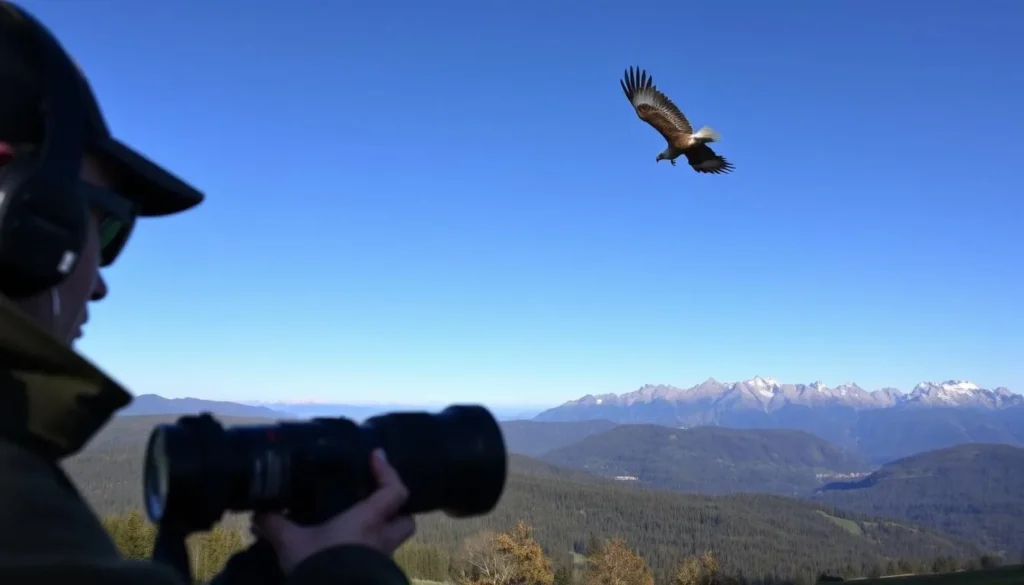 A stunning vista of the Pfyn-Finges Nature Park in Switzerland, where bird watchers are immersed in the serene beauty of the mountain landscape. In the foreground, a birdwatcher with a high-powered camera lens captures the graceful movements of a soaring eagle, its wings outstretched against the clear blue sky. The middle ground reveals lush, verdant forests and rolling hills, while the distant peaks of the Swiss Alps rise majestically in the background, their snow-capped summits glowing in the warm, golden light of the sun. The scene exudes a sense of tranquility and wonder, inviting the viewer to experience the rich wildlife and breathtaking natural splendor of this enchanting nature preserve.