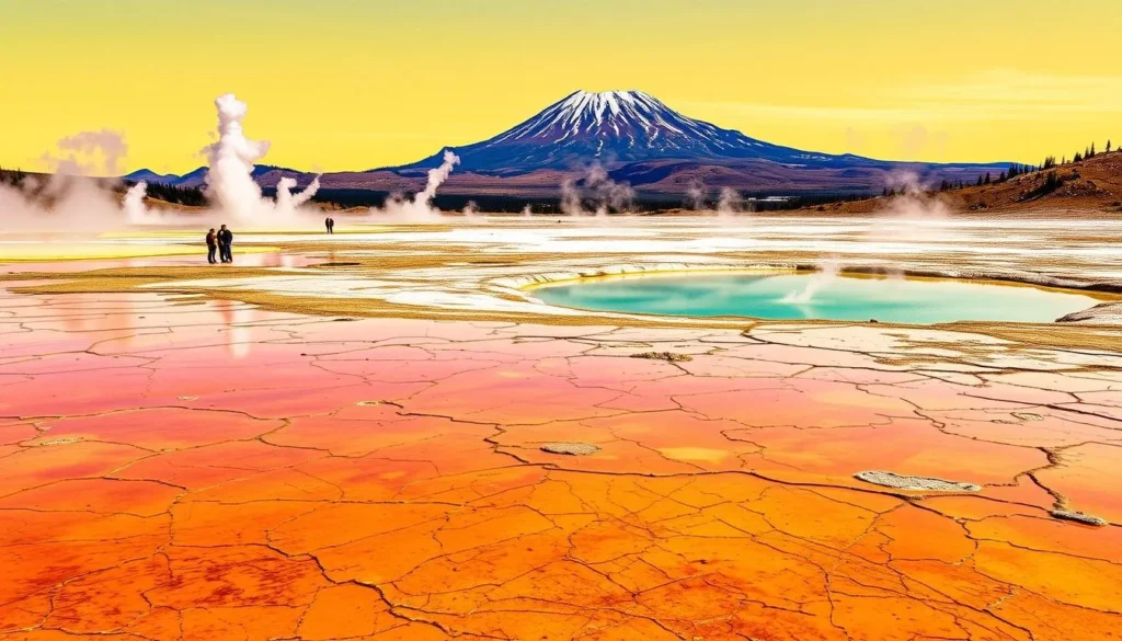 A stunning vista of the Sulphur Works geothermal area in the Lassen Peak Range, California. A sun-dappled landscape with vibrant yellow and orange hues, fumaroles emitting wisps of steam, and a tranquil pool reflecting the surrounding terrain. In the foreground, intricate patterns of silica and mineralized deposits adorn the ground, while in the middle ground, visitors explore the otherworldly terrain. The backdrop features the majestic Lassen Peak, its snow-capped summit casting a serene presence over the scene. The image conveys a sense of wonder and natural beauty, inviting the viewer to explore this remarkable geothermal feature.