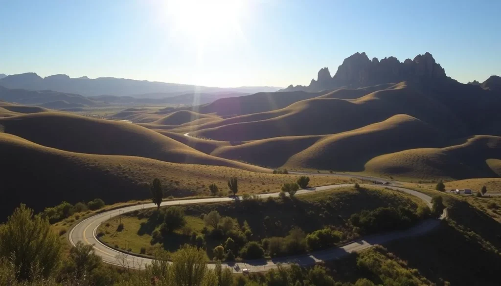 A stunning vista of the Sutter Buttes, a small mountain range nestled in the heart of California's Central Valley. The rolling green hills and rocky peaks bask in the warm, golden light of the sun, casting long shadows across the landscape. In the foreground, a winding scenic loop road winds through the terrain, providing visitors with breathtaking views of the Buttes from multiple angles. The middle ground features lush vegetation, including oak trees and shrubs, while the background is dominated by the majestic, rugged silhouette of the Buttes themselves, their jagged peaks reaching up towards the clear, azure sky. The overall mood is one of tranquility and natural beauty, inviting visitors to explore and immerse themselves in this unique and picturesque region.