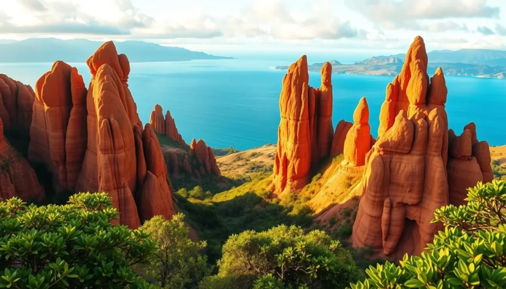 A stunning vista of the iconic Garden of the Gods rock formations on the island of Lanai, Hawaii. Majestic sandstone cliffs and towering spires bask in the warm, golden light of a picturesque afternoon. The foreground showcases the dramatic, wind-sculpted rock formations, with intricate textures and natural patterns. In the middle ground, lush, verdant foliage frames the scene, creating a vibrant contrast. The background reveals the vast, azure sky and distant mountains, offering a serene and tranquil atmosphere. Capture the essence of this natural wonder with a wide-angle lens, showcasing the scale and grandeur of this breathtaking landscape.