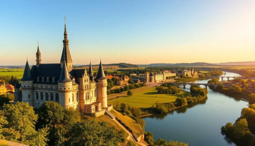 A stunning vista of the iconic châteaux of the Loire Valley, France, bathed in the warm glow of a golden afternoon sun. In the foreground, the elegant spires and turrets of a magnificent château rise majestically against a clear, azure sky. The middle ground reveals a serene river winding through verdant landscapes, dotted with quaint villages and rolling hills. In the background, a succession of picturesque châteaux line the banks, their reflections mirrored in the calm waters. The scene conveys a sense of timeless beauty, history, and the tranquil charm of this enchanting region. Capture this picturesque landscape with a wide-angle lens, showcasing the scale and grandeur of the châteaux set against the natural splendor of the Loire Valley.