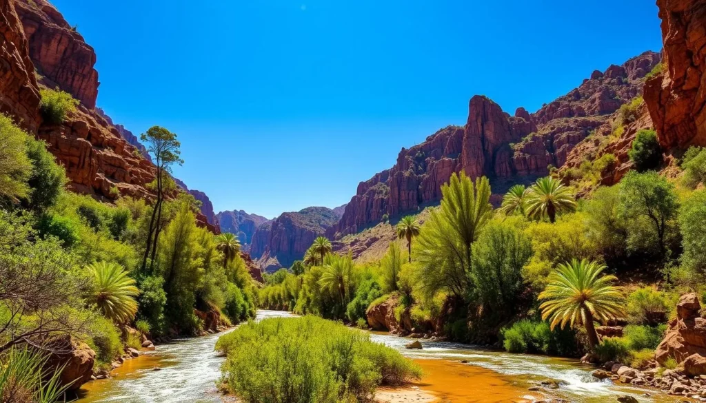 A stunning vista of the lush, verdant Wadi Mujib during the summer months. In the foreground, a crystal-clear river winds its way through the steep, rugged canyon walls, its waters sparkling in the warm, golden sunlight. The middle ground is dominated by vibrant, emerald-green foliage, with tall, swaying trees and dense, tropical-looking vegetation clinging to the rocky slopes. In the background, towering, weathered cliffs rise up, casting dramatic shadows across the landscape. The sky is a brilliant, cloudless blue, creating a serene and picturesque atmosphere. The overall scene conveys a sense of lush, verdant tranquility, inviting the viewer to immerse themselves in the natural beauty of this stunning Jordanian oasis.
