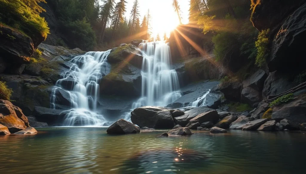 A stunning, wide-angle view of the majestic Whiskeytown Waterfalls cascading over rugged, moss-covered rocks, set against a backdrop of lush, verdant forest. The sun's golden rays filter through the trees, casting a warm, ethereal glow over the cascading waters. In the foreground, a tranquil pool reflects the natural beauty, inviting the viewer to immerse themselves in the serene, otherworldly atmosphere. The scene captures the breathtaking essence of Whiskeytown's natural splendor, perfectly showcasing the captivating allure of these magnificent waterfalls.