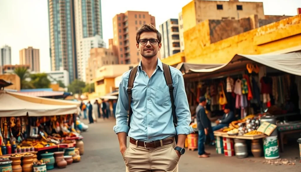 A stylish, well-traveled man in his 30s, dressed in a crisp button-down, khakis, and leather loafers, stands in front of a bustling street market in N'Djamena, Chad. Warm, diffused sunlight filters through the scene, casting a golden glow over the vibrant stalls selling local handicrafts, spices, and textiles. In the background, a mix of modern high-rises and traditional mud-brick buildings create an intriguing visual contrast. The man's expression is one of curious exploration, as he takes in the sights, sounds, and aromas of this lively, culturally rich urban setting, ready to guide the viewer through the practical travel details of this captivating destination.