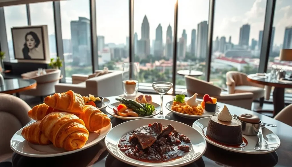 A sumptuous French meal in a vibrant Singaporean setting. In the foreground, a table laden with delectable dishes - flaky croissants, rich beef bourguignon, and a decadent chocolate mousse. Filtered sunlight streams through large windows, casting a warm glow over the scene. The middle ground features elegant, modern decor - sleek furnishings, minimalist art, and impeccable table settings. In the background, the bustling cityscape of Singapore is visible, its towering skyscrapers and lush greenery creating a dynamic contrast. The overall atmosphere is one of refined sophistication, where the flavors of France seamlessly blend with the energy of this dynamic Asian metropolis.