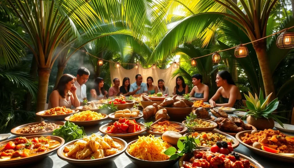 A sumptuous feast of traditional Polynesian cuisine, set against a backdrop of lush tropical foliage and a warm, golden-hued ambiance. In the foreground, a visually striking display of vibrant, freshly prepared dishes - from fragrant curries and slow-roasted meats to an array of vibrant, locally-sourced produce and exotic fruits. The middle ground features an intimate gathering of locals and visitors alike, sharing in the communal experience of this authentic culinary celebration. Overhead, dappled sunlight filters through swaying palm fronds, casting a soft, inviting glow over the entire scene. The overall atmosphere evokes a sense of tranquility, celebration, and a deep appreciation for the rich cultural heritage of Polynesian cuisine.